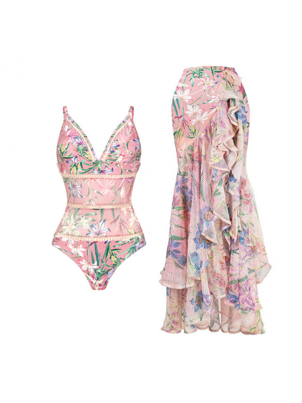 2026 New Women One Piece Swimsuit V Neck Mesh Patchwork Floral Print Bodysuit Beachwear Sexy Tummy Control Bathing Suit Ruched Push Up Swimwear Summer Cover Up Set