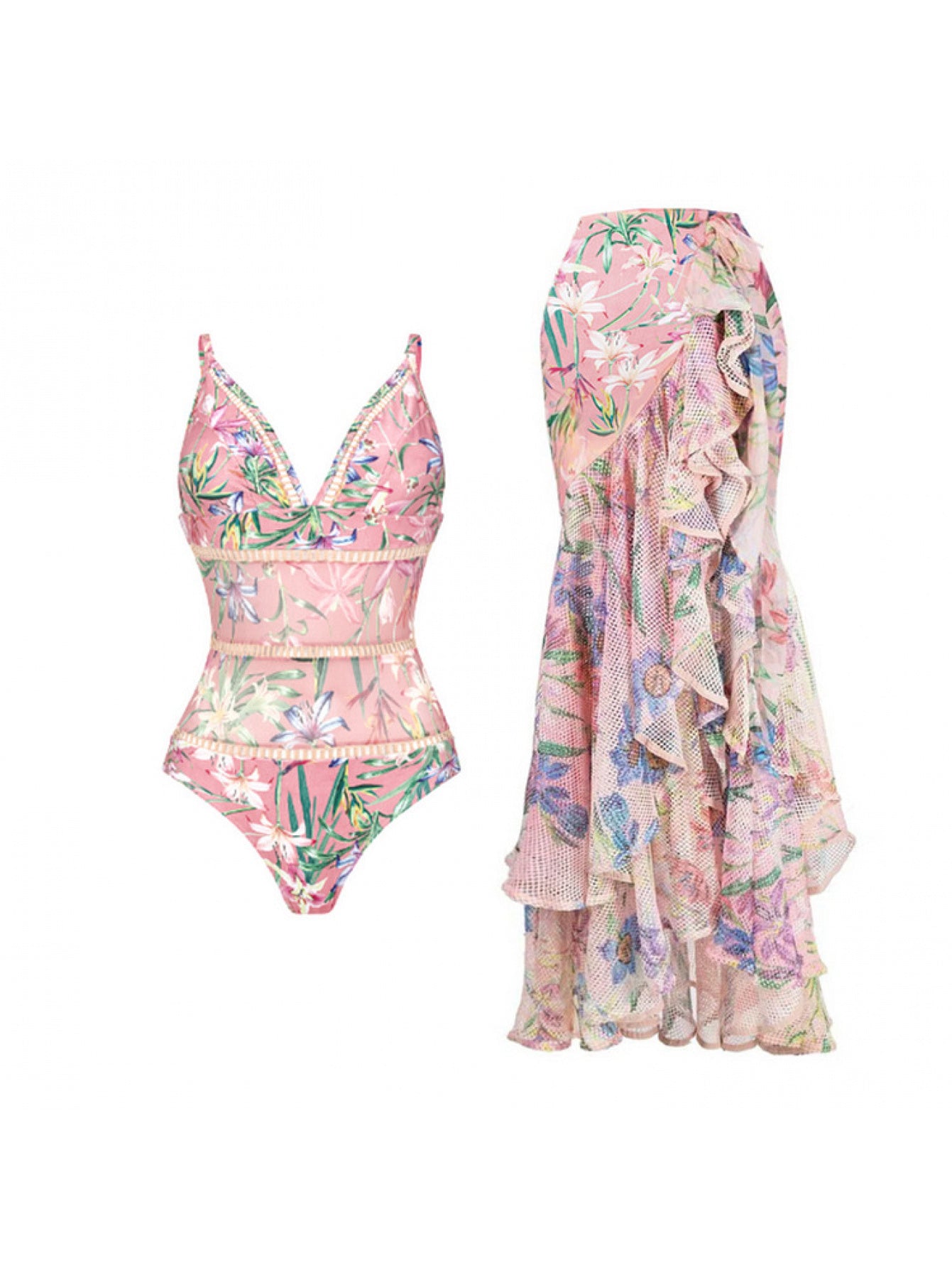 2026 New Women One Piece Swimsuit V Neck Mesh Patchwork Floral Print Bodysuit Beachwear Sexy Tummy Control Bathing Suit Ruched Push Up Swimwear Summer Cover Up Set
