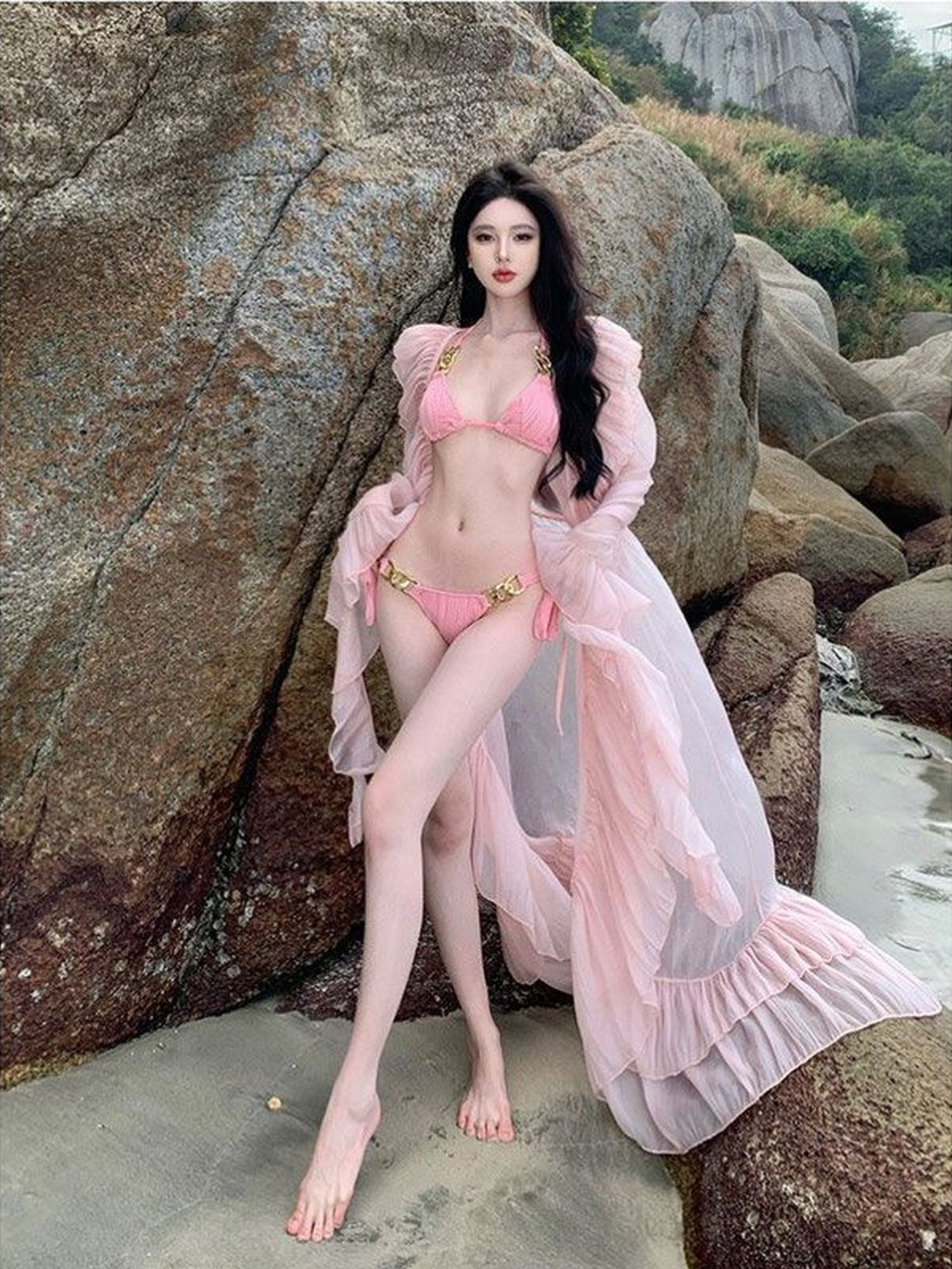 Cream Frost Two-Piece Bikini - Sexy Split Design with Sheer Cover-Up - Ideal for Beach Vacation - Comfortable Swimwear for Summer - Trendy And Minimalist Style - Lightweight And Breathable Fabric - Perfect for Casual Poolside Relaxation Or Travel