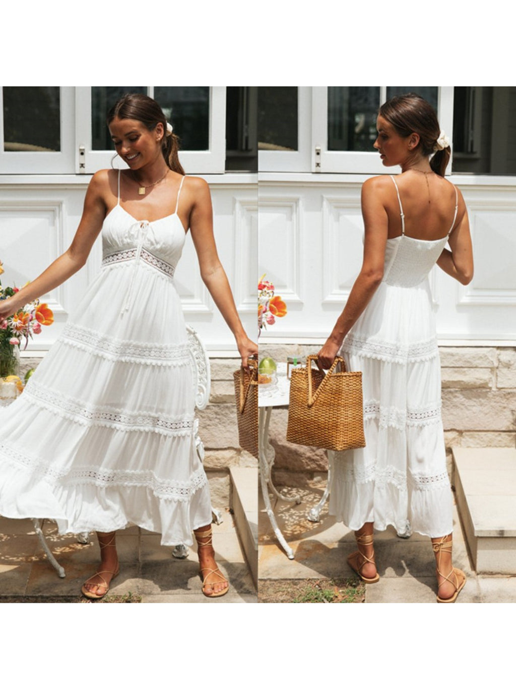 Summer Women'S Boho Style Spaghetti Strap Dress, Lace Splicing Flared Long Dress, Suitable for Vacation, Beach And Daily Wear, Elevate Your Look