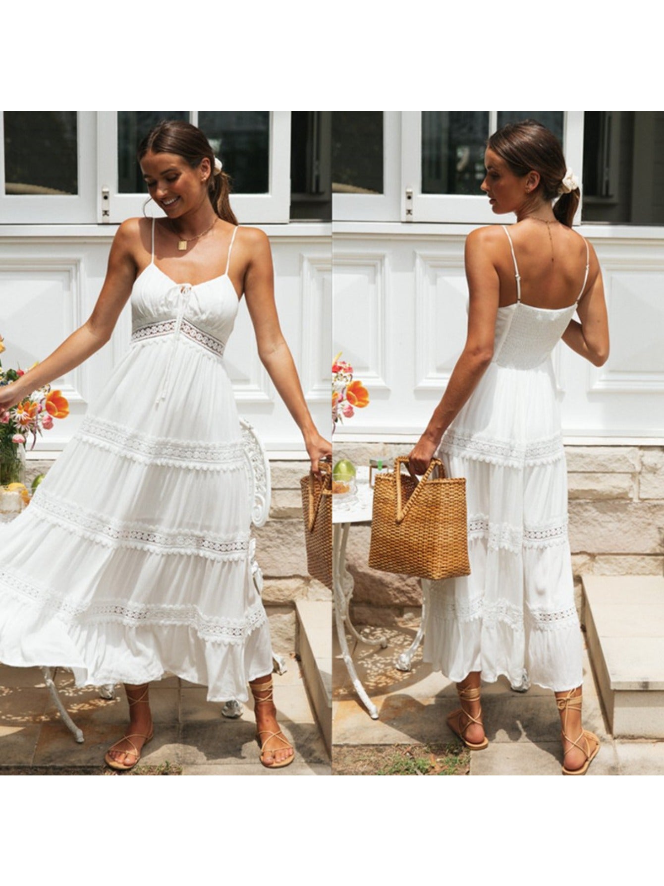 Summer Women'S Boho Style Spaghetti Strap Dress, Lace Splicing Flared Long Dress, Suitable for Vacation, Beach And Daily Wear, Elevate Your Look