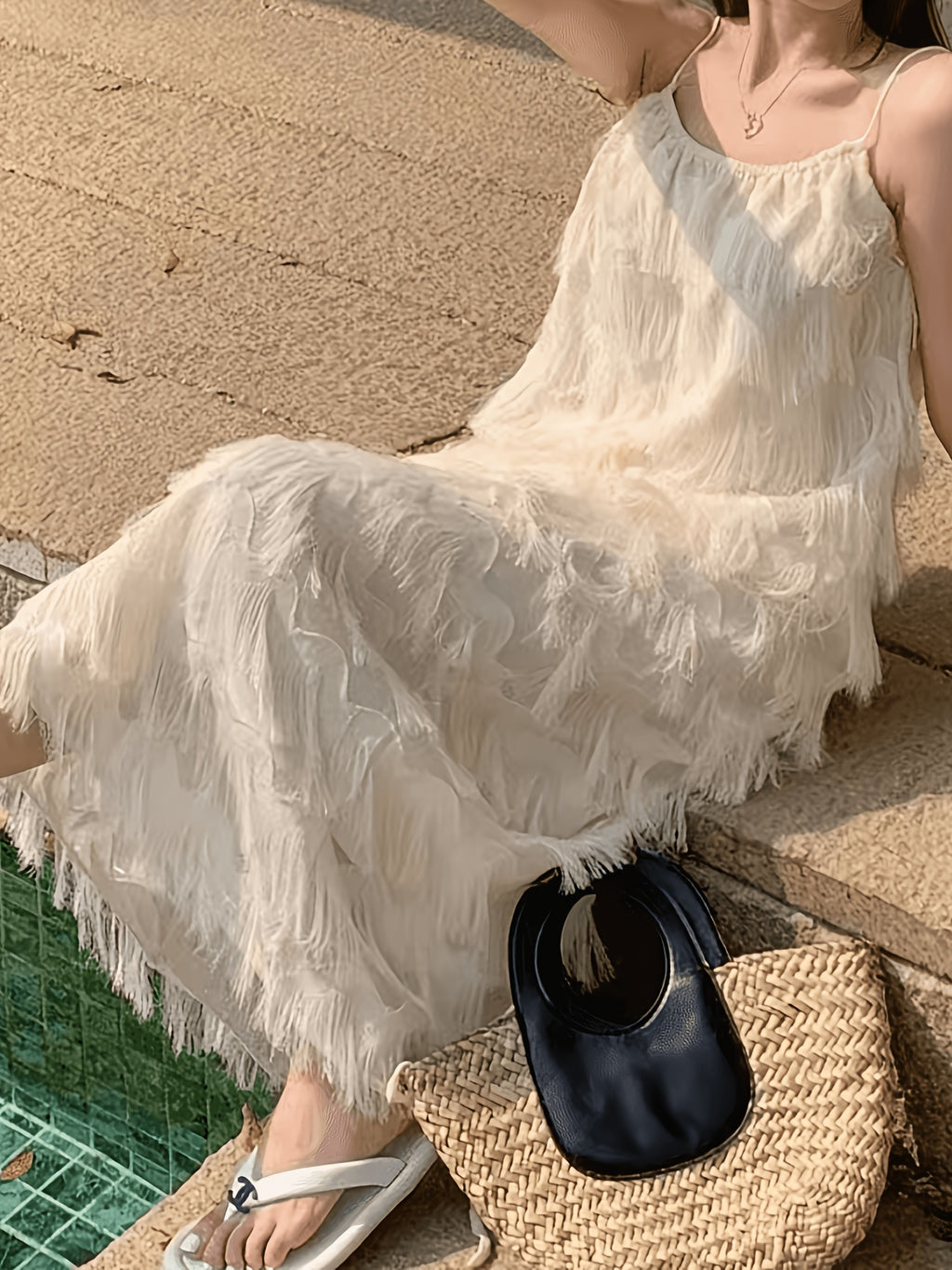 Women' Bohemian Spaghetti Strap Maxi Dress - Apricot Sleeveless Long Sundress with Fringe Hem, Loose Beach Dress Suitable for Vacation, Wedding Guest, Resort Wear, Hand Washable Dress