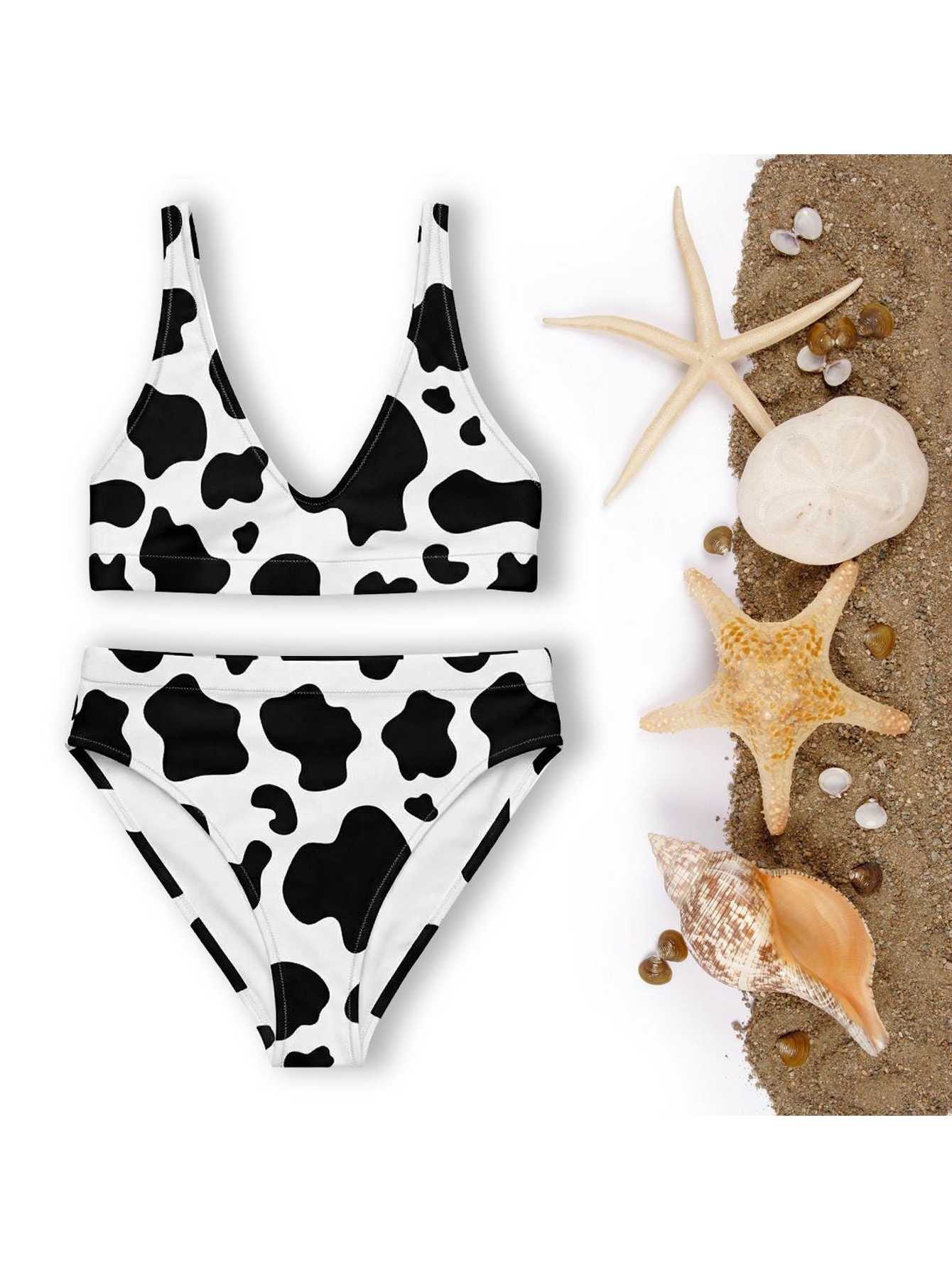 Cow Print Matching Couple Swimwear Set, Trendy Black White String Bikini & Mesh Swim Trunks, Perfect Gift for Beach Lovers