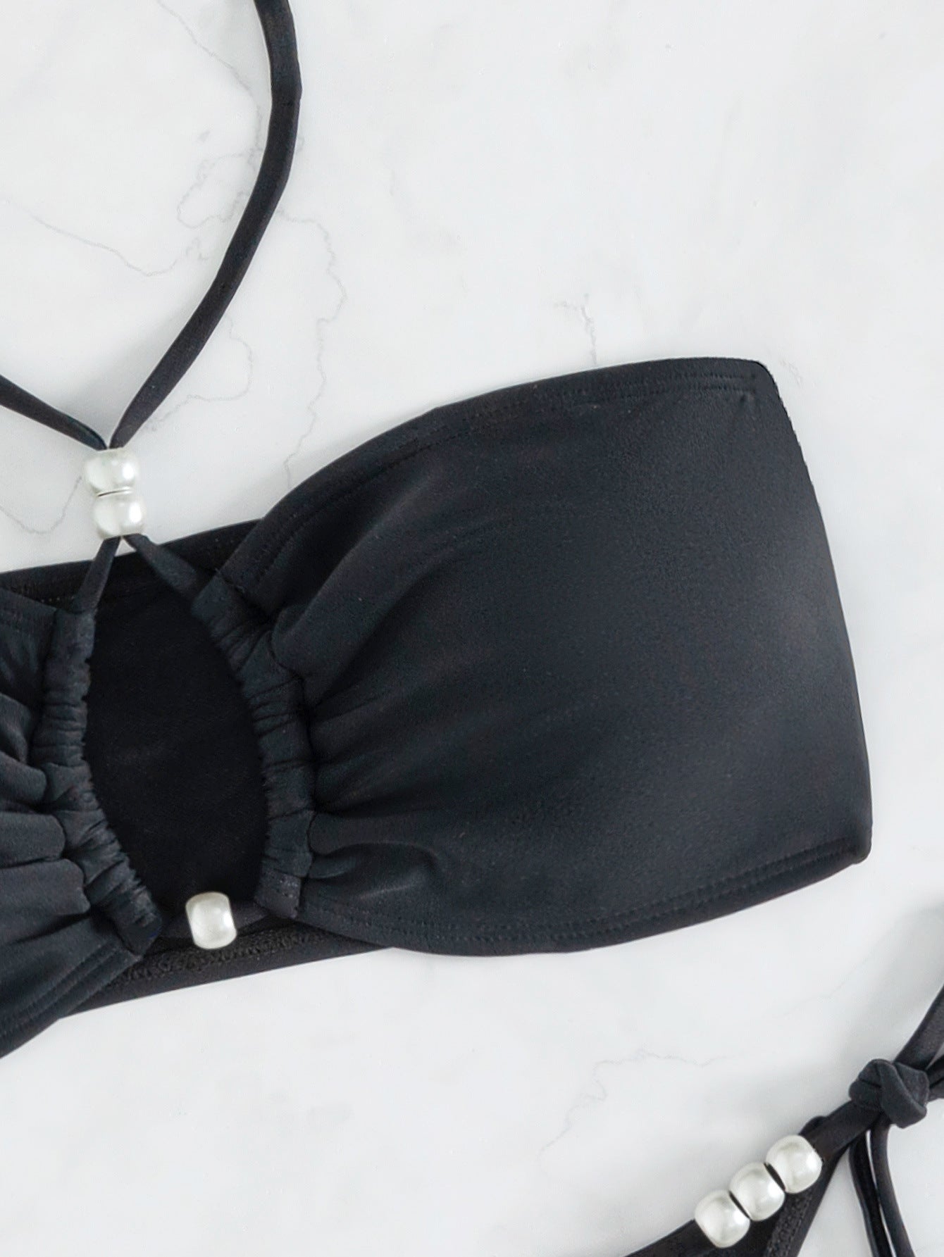 Black Bandeau Halter Beaded Bikini Set, Cutout Tie-Side High Cut Swimwear, Bathing Suit Women