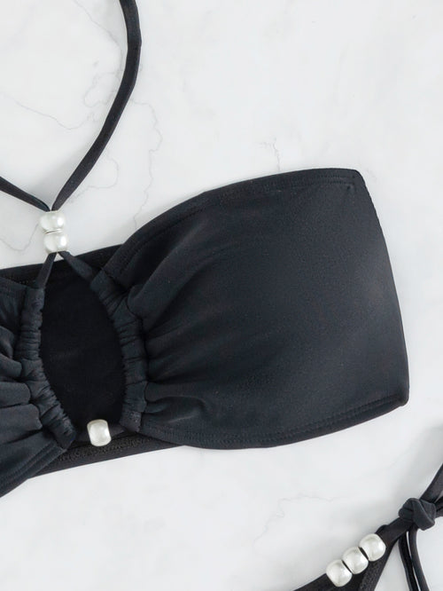 Black Bandeau Halter Beaded Bikini Set, Cutout Tie-Side High Cut Swimwear, Bathing Suit Women