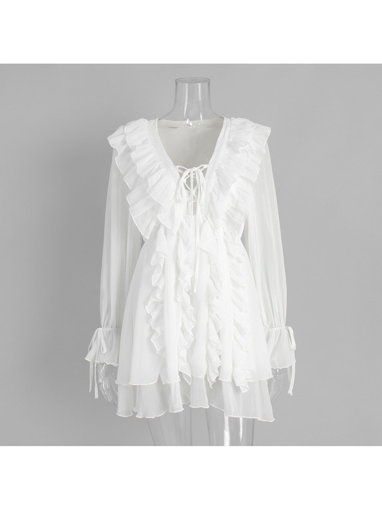 Cross-Border Chiffon Long-Sleeve Dress New Style Lantern Sleeves Tie-Waist Mini Dress with Ruffles