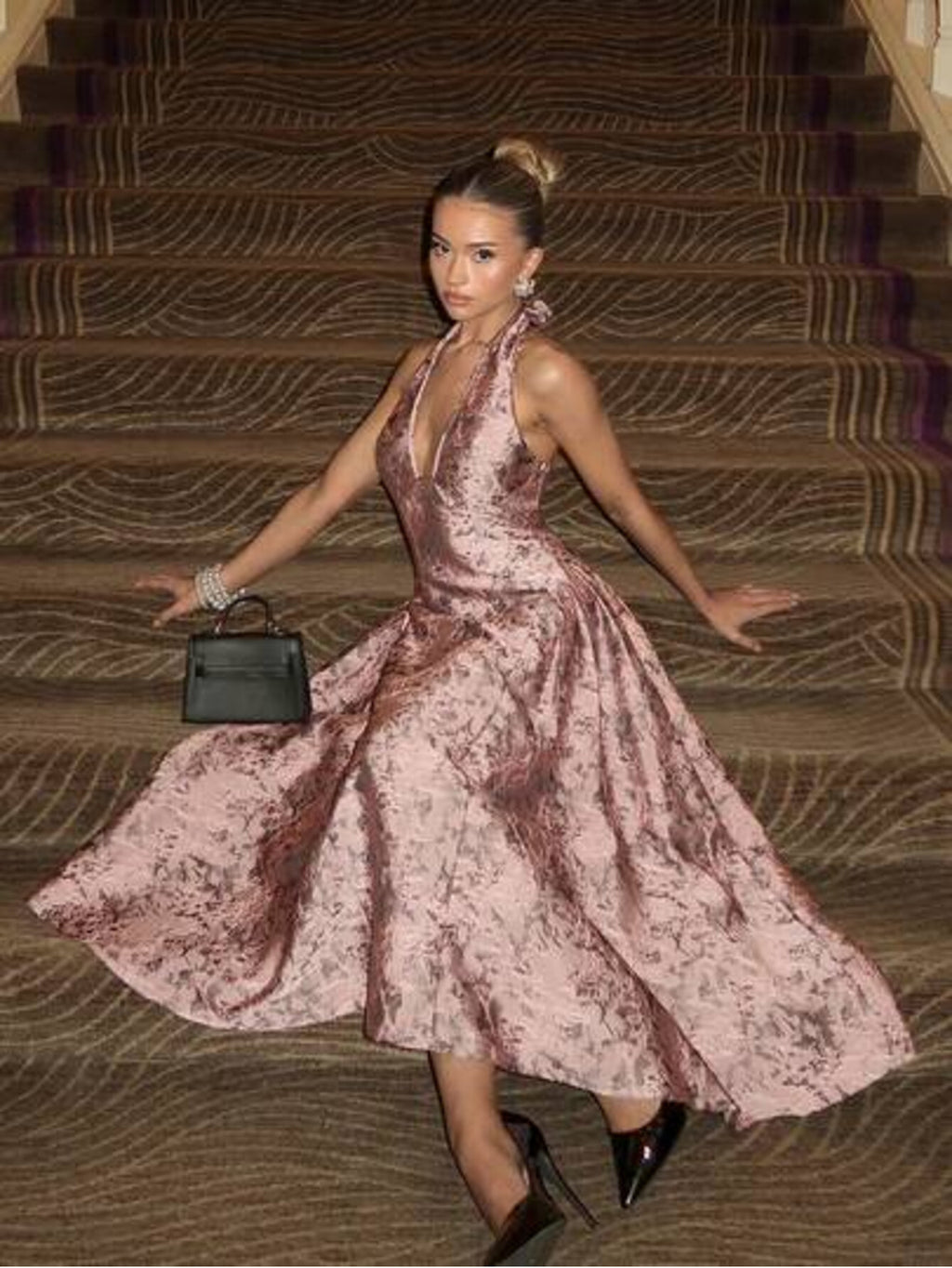 Glamine Charm Vintage 3D Embossed Floral V-Neck Sleeveless Flared Dress Dresses Summer Clothing Women Birthday Outfit