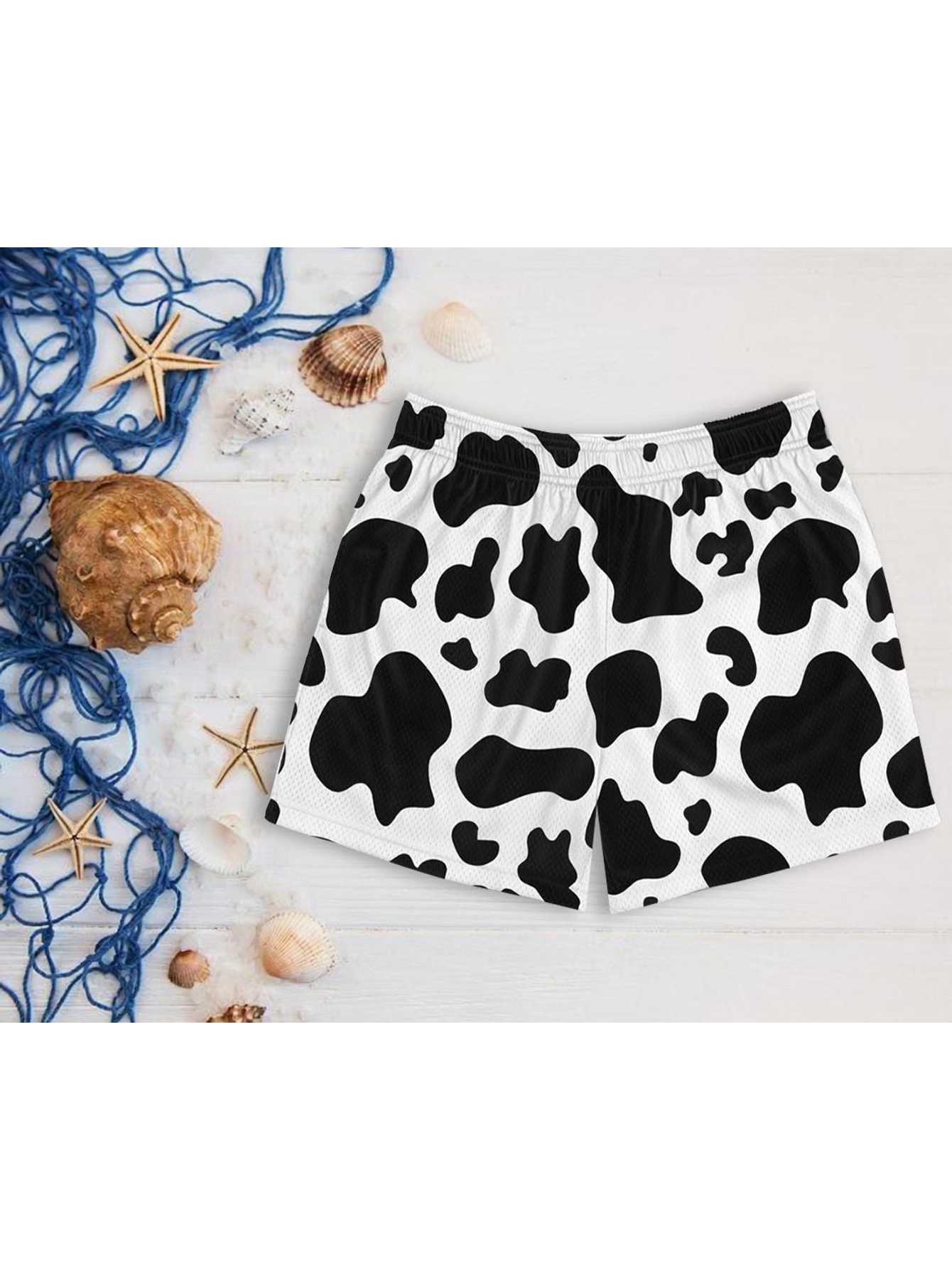 Cow Print Matching Couple Swimwear Set, Trendy Black White String Bikini & Mesh Swim Trunks, Perfect Gift for Beach Lovers