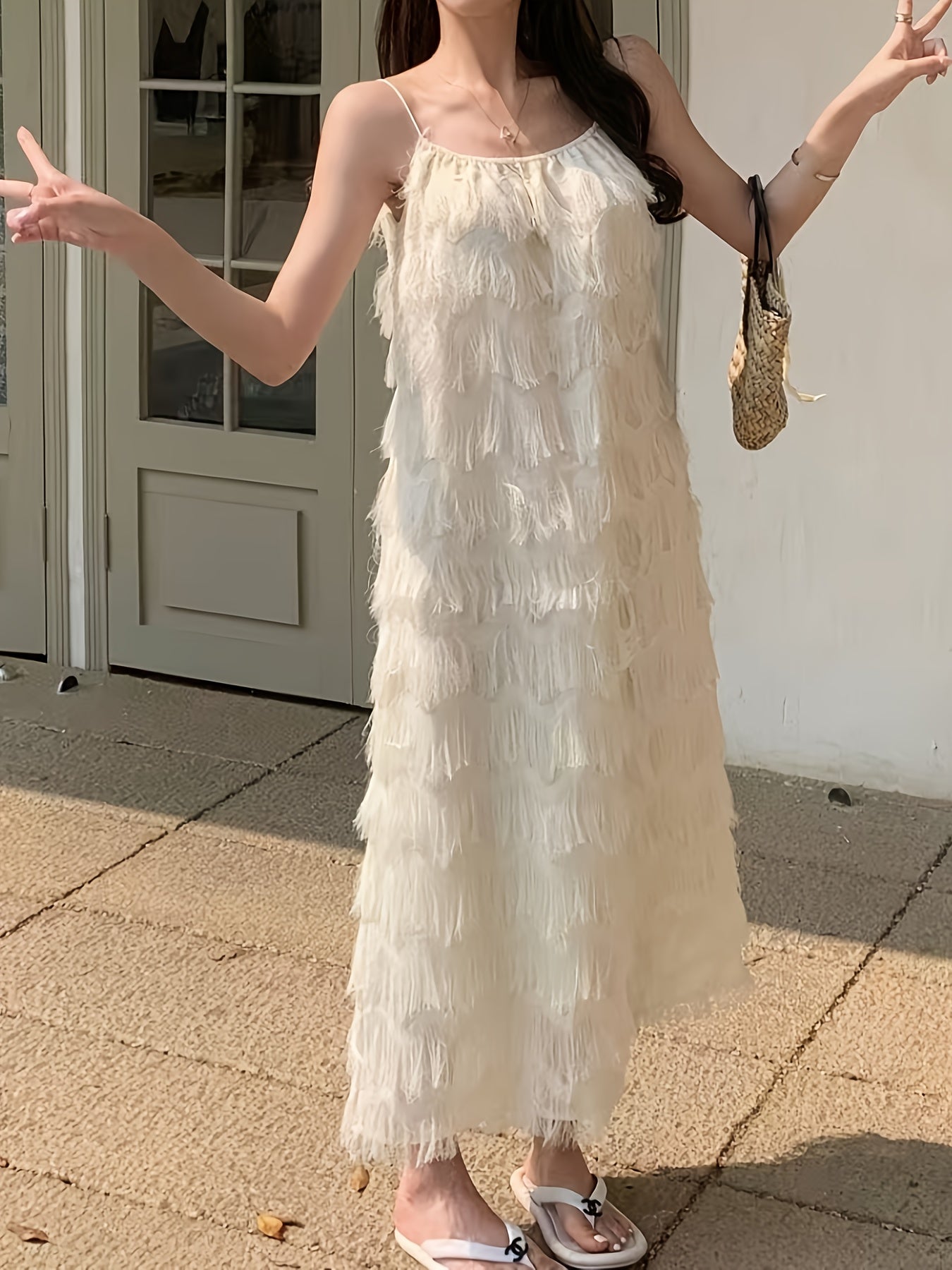 Women' Bohemian Spaghetti Strap Maxi Dress - Apricot Sleeveless Long Sundress with Fringe Hem, Loose Beach Dress Suitable for Vacation, Wedding Guest, Resort Wear, Hand Washable Dress