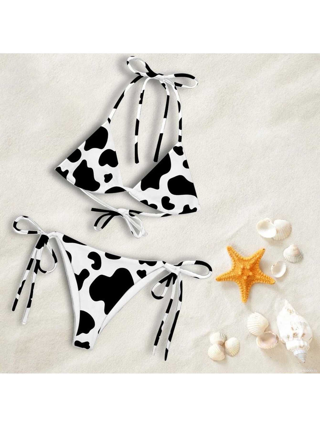 Cow Print Matching Couple Swimwear Set, Trendy Black White String Bikini & Mesh Swim Trunks, Perfect Gift for Beach Lovers