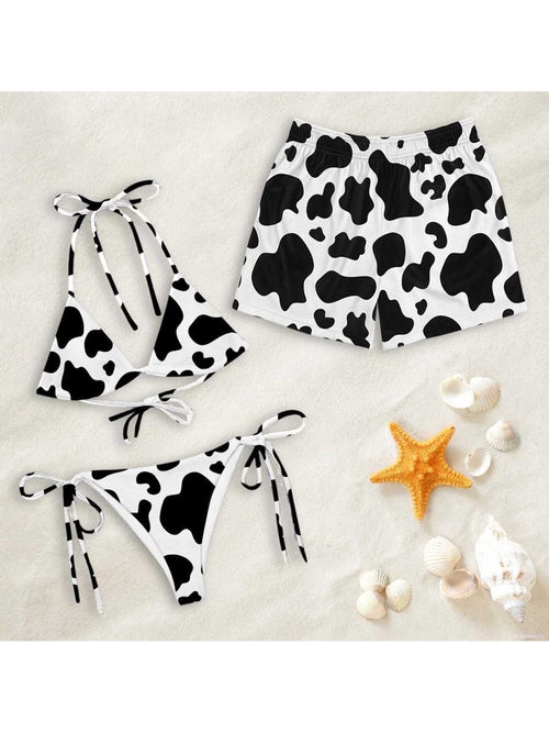 Cow Print Matching Couple Swimwear Set, Trendy Black White String Bikini & Mesh Swim Trunks, Perfect Gift for Beach Lovers