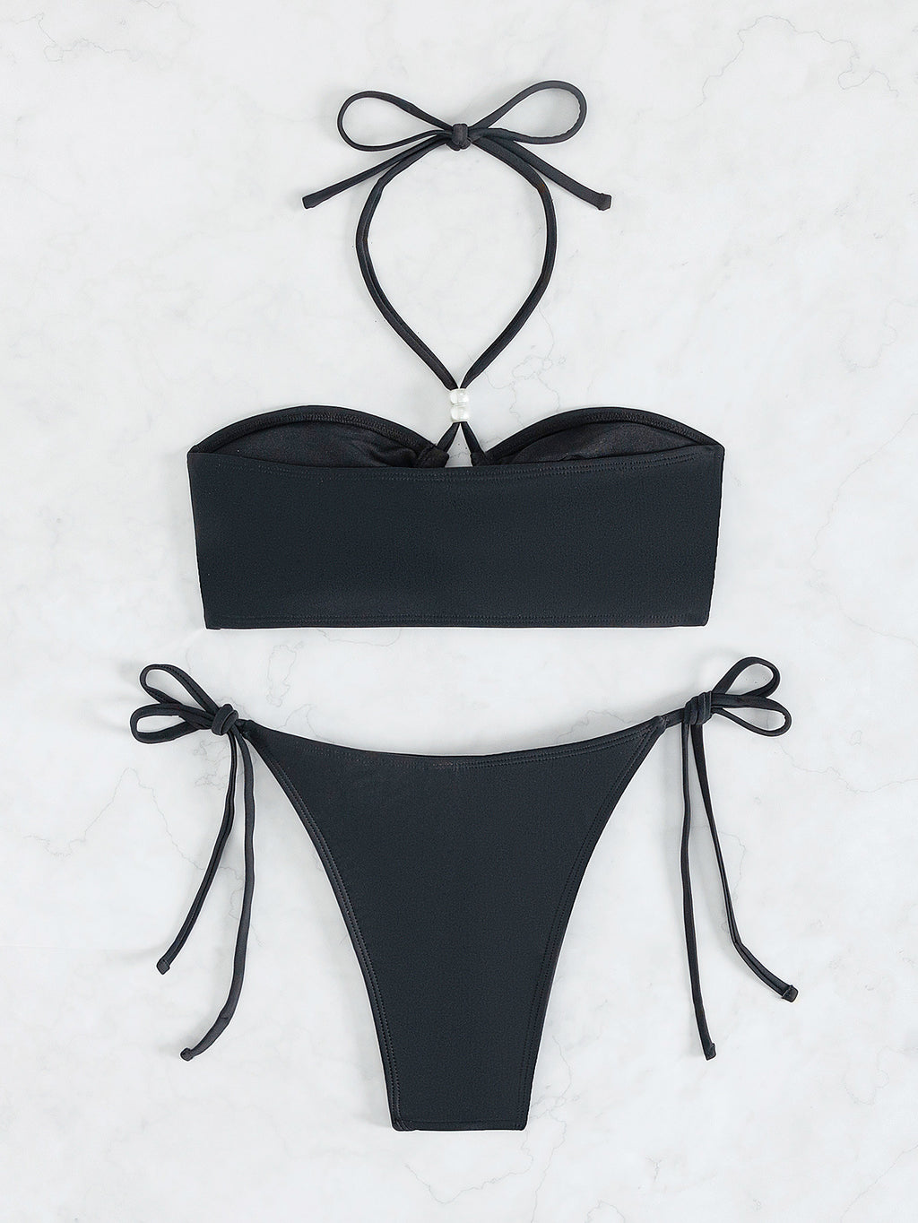 Black Bandeau Halter Beaded Bikini Set, Cutout Tie-Side High Cut Swimwear, Bathing Suit Women