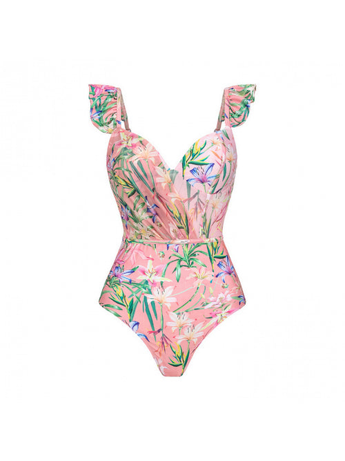 2026 New Women One Piece Swimsuit V Neck Mesh Patchwork Floral Print Bodysuit Beachwear Sexy Tummy Control Bathing Suit Ruched Push Up Swimwear Summer Cover Up Set
