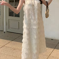 Women' Bohemian Spaghetti Strap Maxi Dress - Apricot Sleeveless Long Sundress with Fringe Hem, Loose Beach Dress Suitable for Vacation, Wedding Guest, Resort Wear, Hand Washable Dress