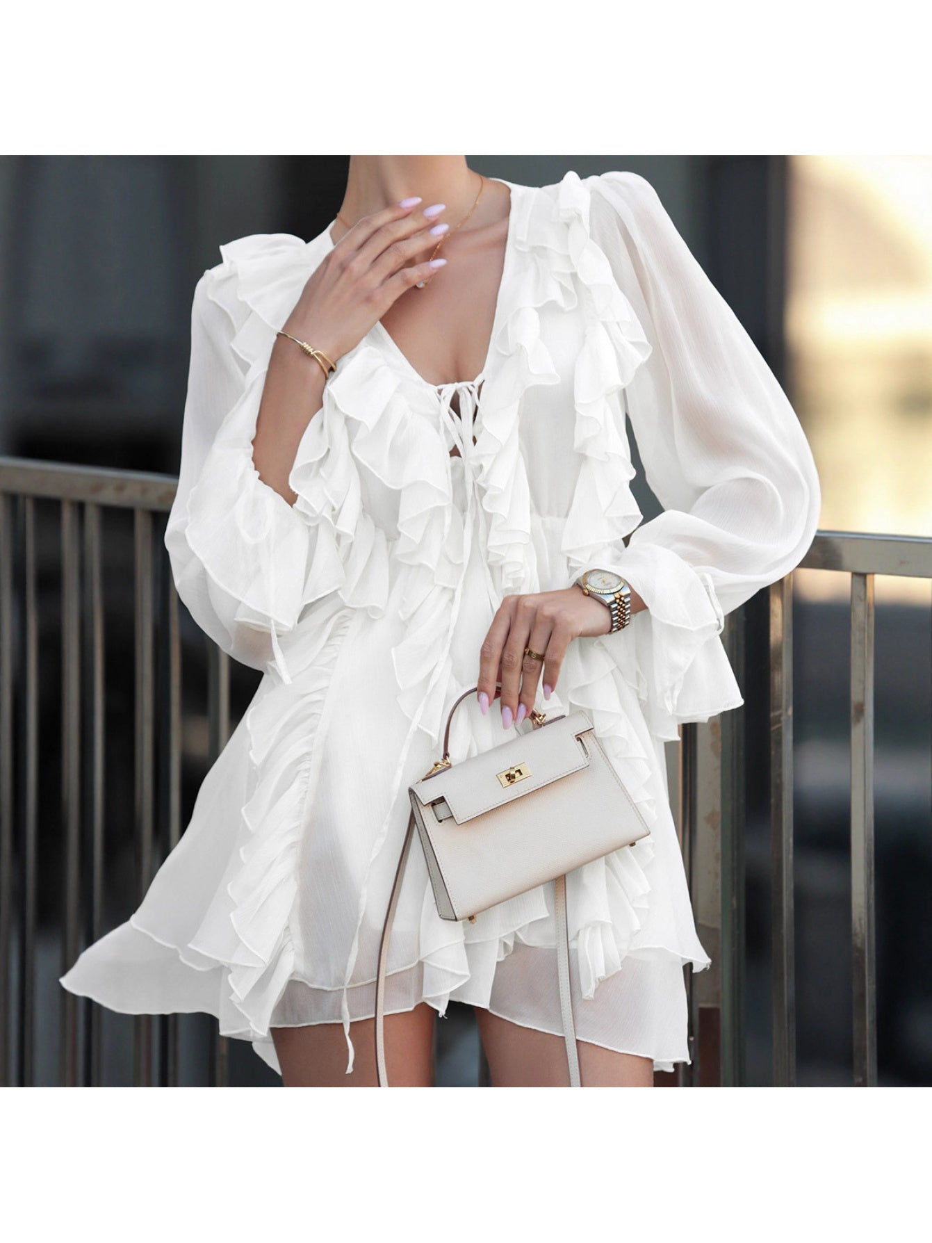 Cross-Border Chiffon Long-Sleeve Dress New Style Lantern Sleeves Tie-Waist Mini Dress with Ruffles
