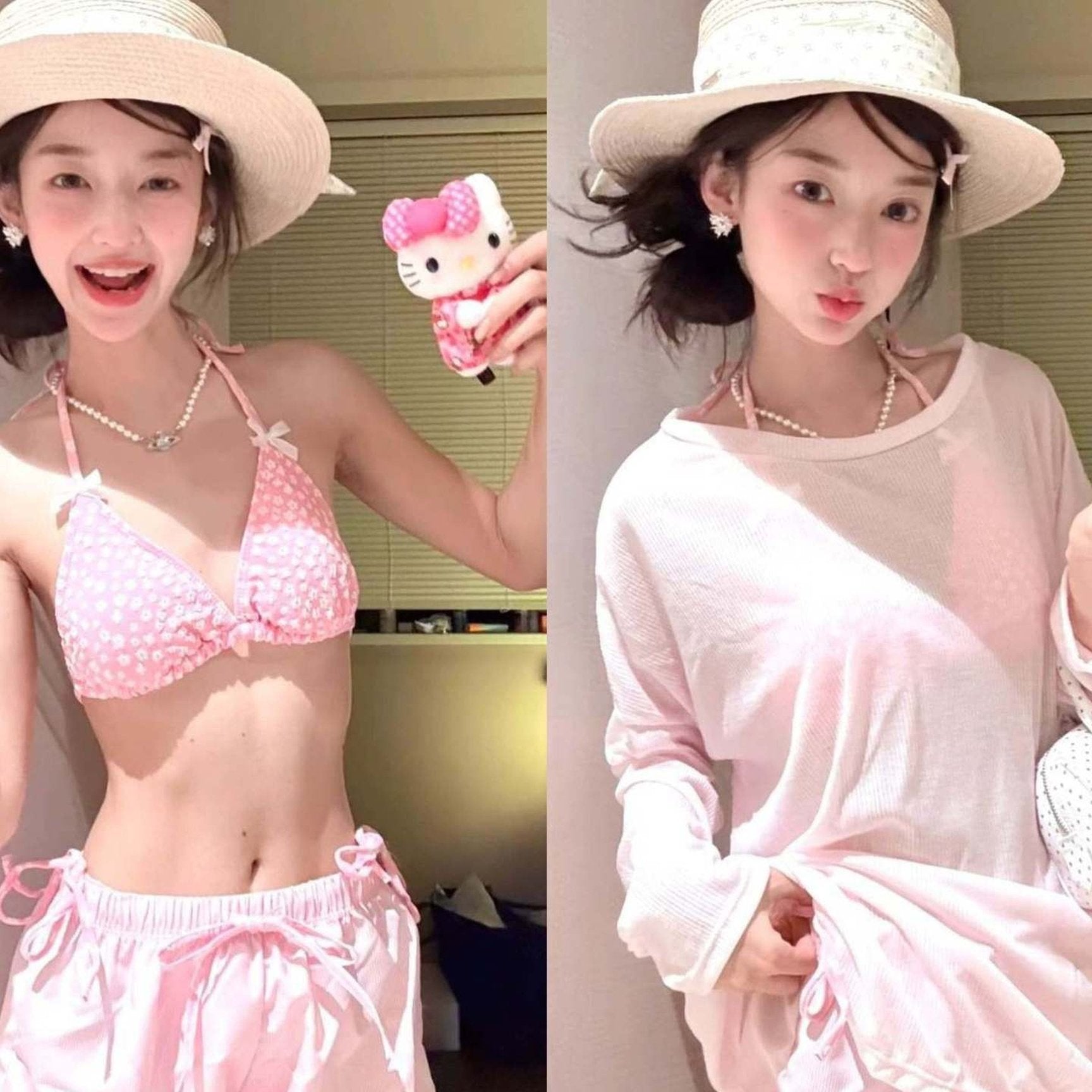 Fresh Floral Bikini Set - Pink 2pcs Swimsuit for Women - Bowknot Design Cover-Up Top with Shorts - Modest Style Swimwear - and Comfortable Fit - Lightweight Polyester Fabric - Perfect for Summer Beach Trips - Casual Vacation Wear -