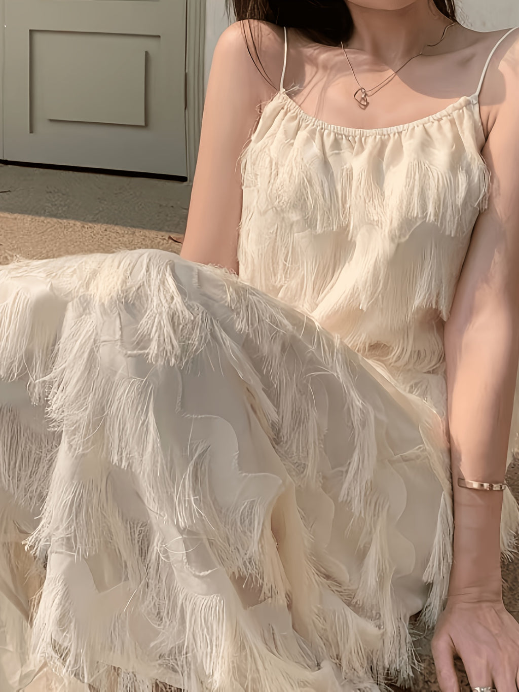 Women' Bohemian Spaghetti Strap Maxi Dress - Apricot Sleeveless Long Sundress with Fringe Hem, Loose Beach Dress Suitable for Vacation, Wedding Guest, Resort Wear, Hand Washable Dress
