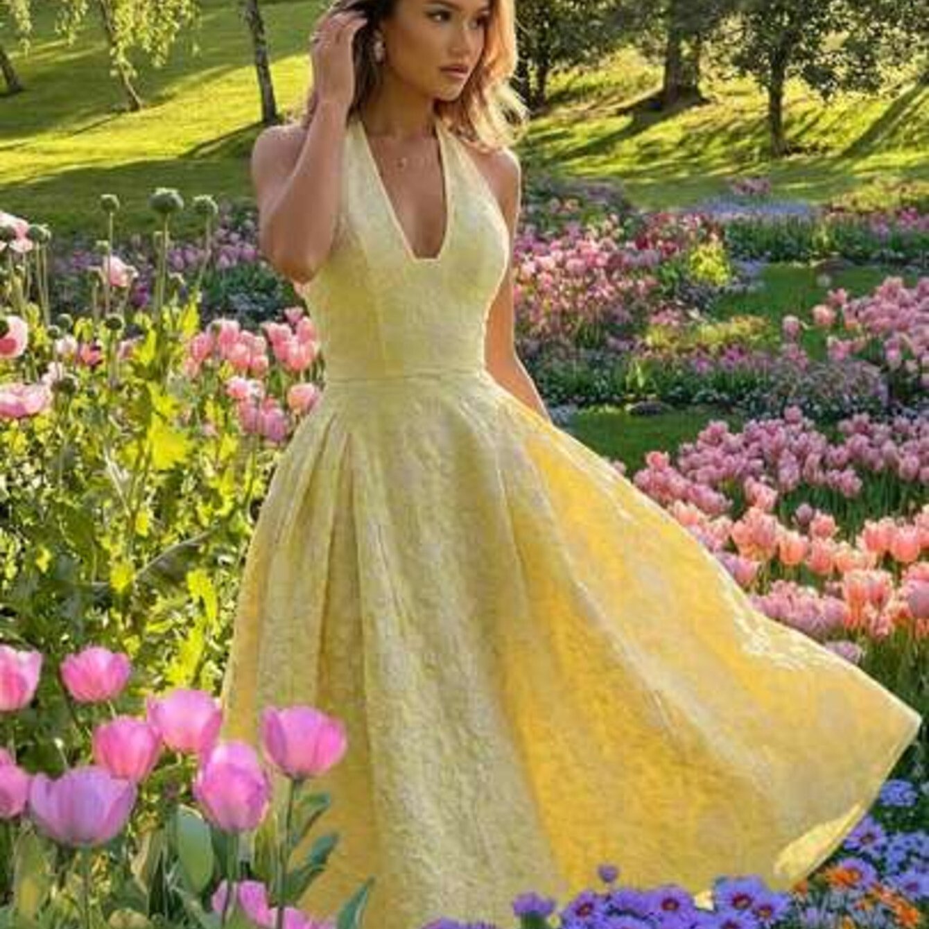 Glamine Charm Vintage 3D Embossed Floral V-Neck Sleeveless Flared Dress Dresses Summer Clothing Women Birthday Outfit