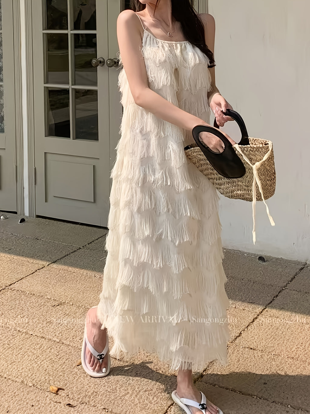 Women' Bohemian Spaghetti Strap Maxi Dress - Apricot Sleeveless Long Sundress with Fringe Hem, Loose Beach Dress Suitable for Vacation, Wedding Guest, Resort Wear, Hand Washable Dress