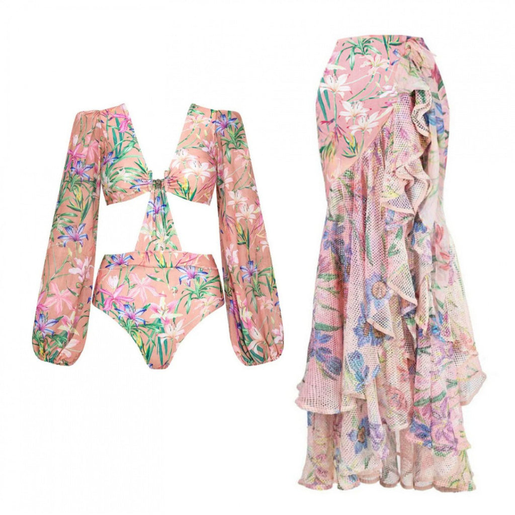 2026 New Women One Piece Swimsuit V Neck Mesh Patchwork Floral Print Bodysuit Beachwear Sexy Tummy Control Bathing Suit Ruched Push Up Swimwear Summer Cover Up Set
