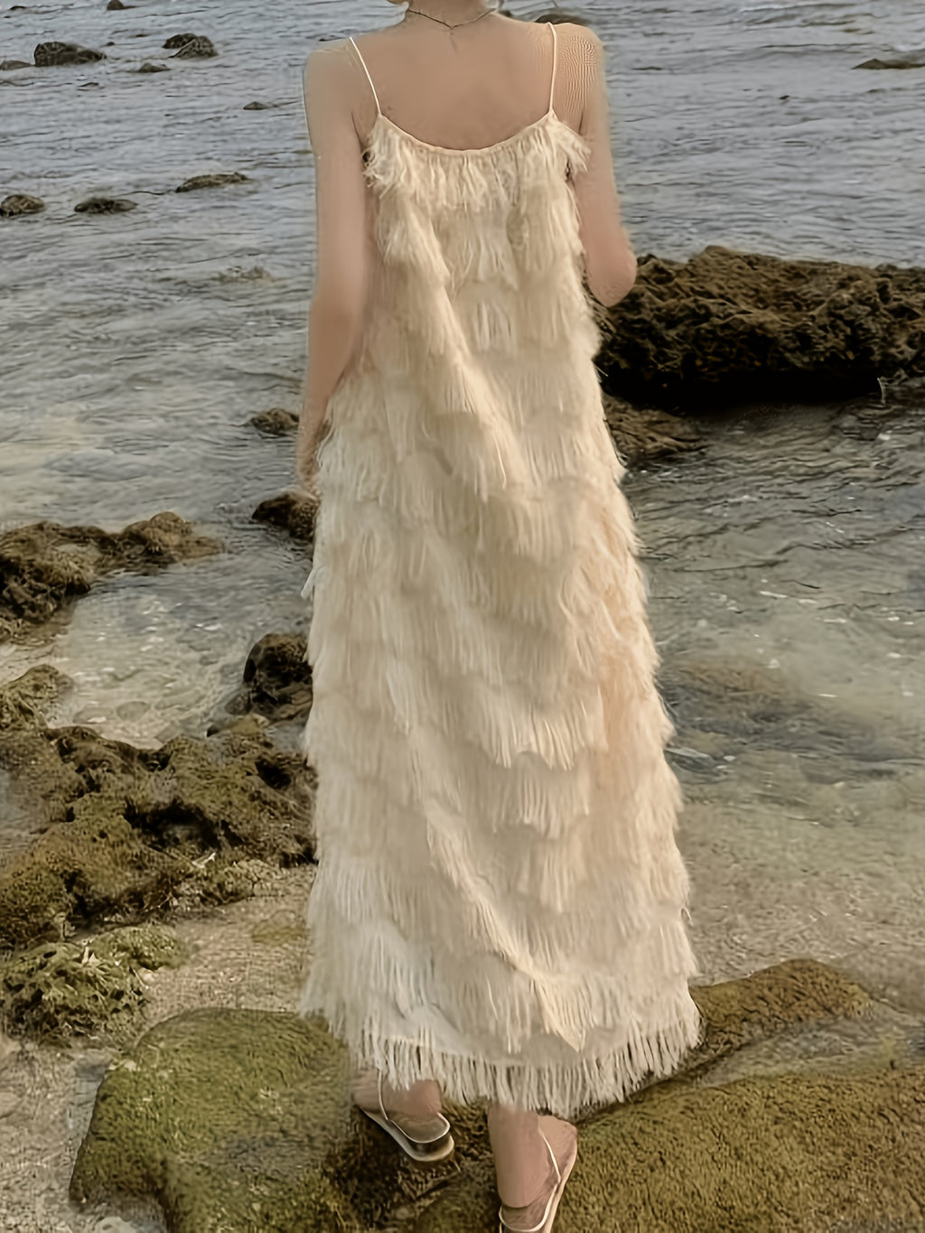 Women' Bohemian Spaghetti Strap Maxi Dress - Apricot Sleeveless Long Sundress with Fringe Hem, Loose Beach Dress Suitable for Vacation, Wedding Guest, Resort Wear, Hand Washable Dress