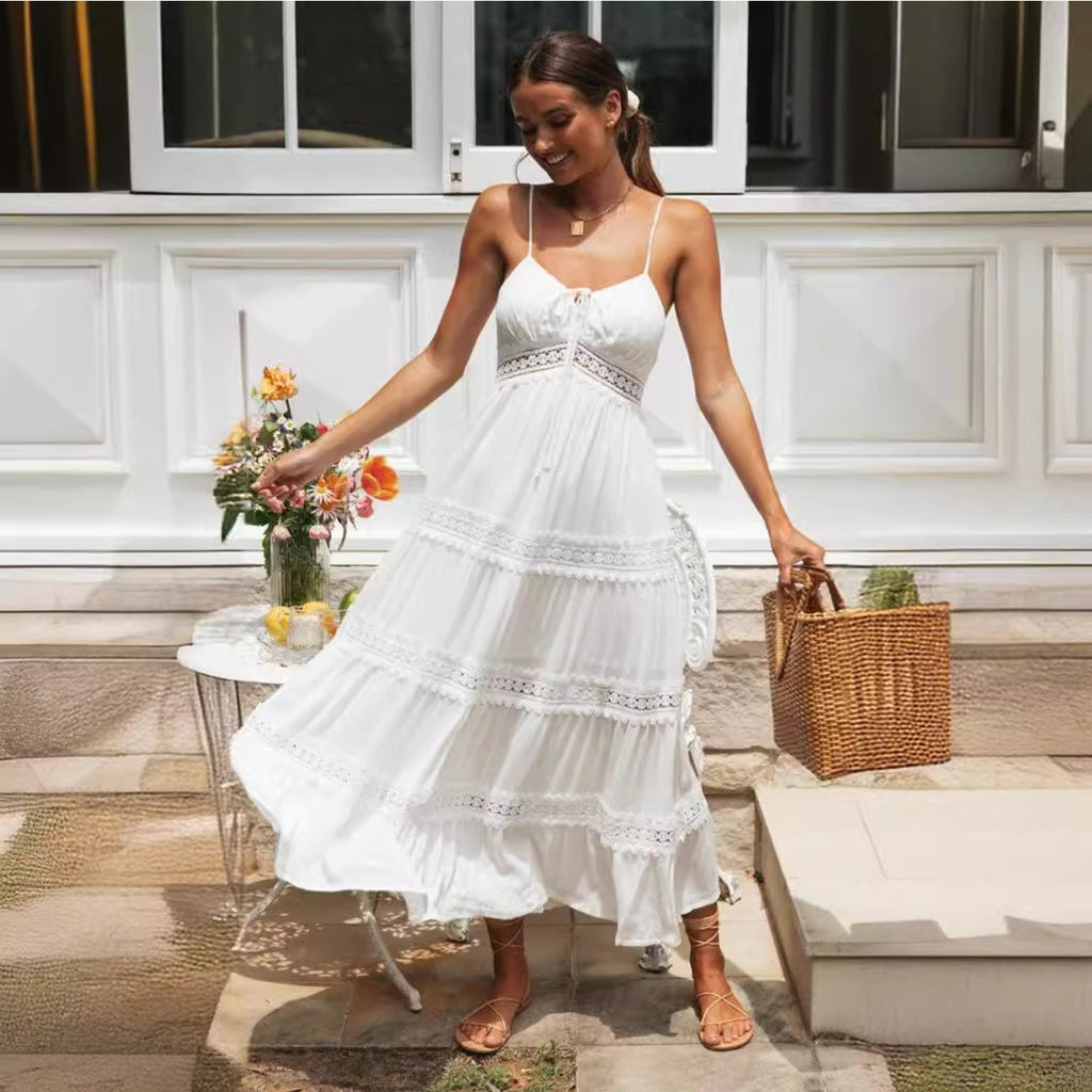Summer Women'S Boho Style Spaghetti Strap Dress, Lace Splicing Flared Long Dress, Suitable for Vacation, Beach And Daily Wear, Elevate Your Look