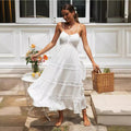 Summer Women'S Boho Style Spaghetti Strap Dress, Lace Splicing Flared Long Dress, Suitable for Vacation, Beach And Daily Wear, Elevate Your Look
