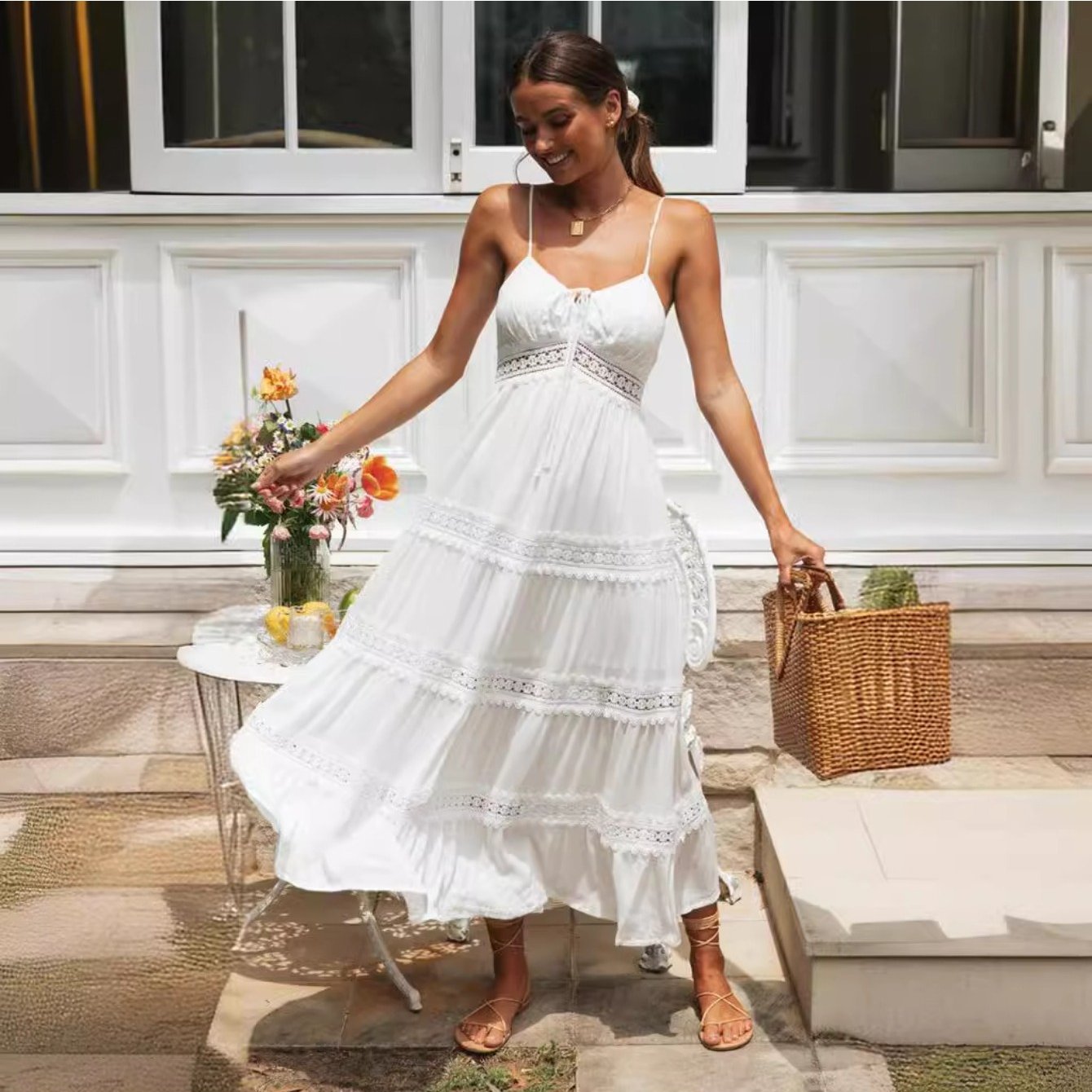Summer Women'S Boho Style Spaghetti Strap Dress, Lace Splicing Flared Long Dress, Suitable for Vacation, Beach And Daily Wear, Elevate Your Look