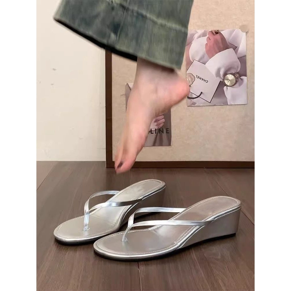 New Black Toe-Post Flip-Flops for Women, Summer New French Style Casual Versatile Wedge Thick-Soled Sandals, Women Shoes